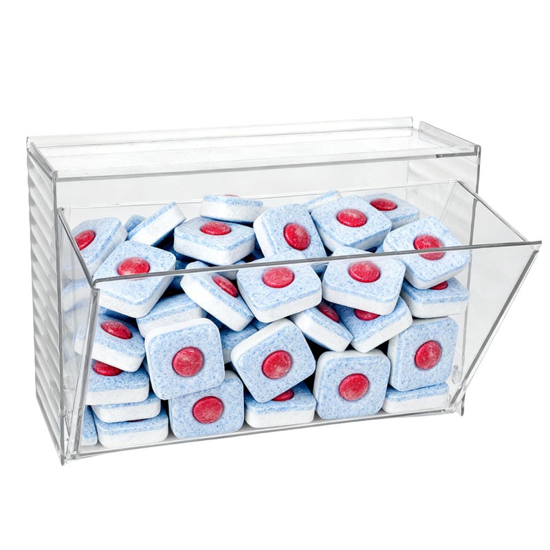 Rainmae Dishwasher Detergent Pod Holder Clear Acrylic Wall Mounted Large laundry Pods Under Sink Storage Case Candy Organizer Cleaning Supplies Container with Divide for Home Kitchen Office Cabinet - Image 1
