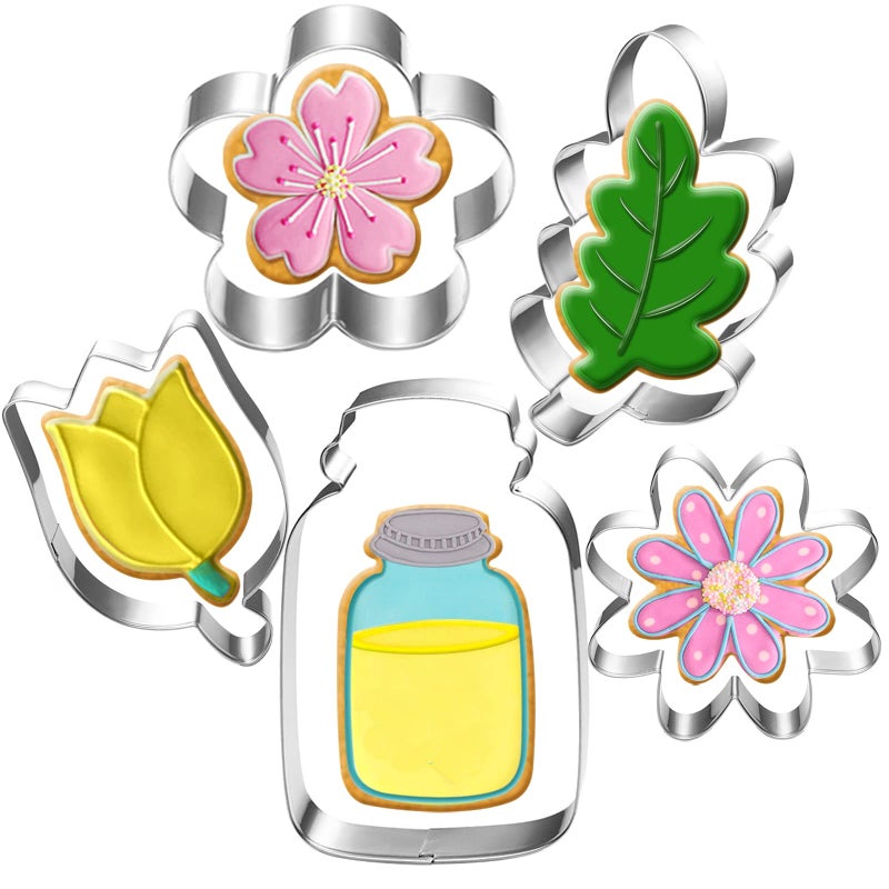 LUBTOSMN Flower and Mason Jar Cookie Cutter Set5 PieceDaisy Tulip Oak Leaf and Mason Jar Fondant Biscui Cutters
