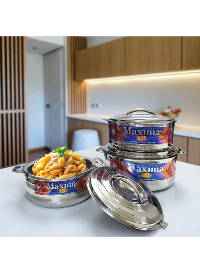 Maxima Set of 3 stainless steel food containers for heat preservation, 2500 ml, 3500 ml, and 5000 ml. - Image 3