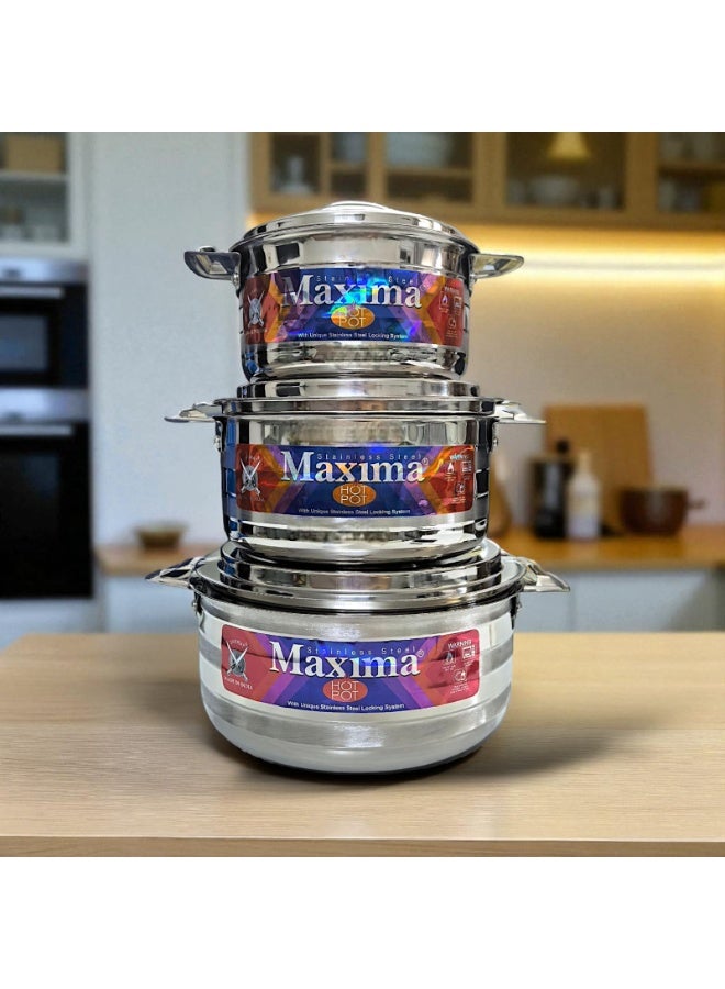 Maxima Set of 3 stainless steel food containers for heat preservation, 2500 ml, 3500 ml, and 5000 ml. - Image 1