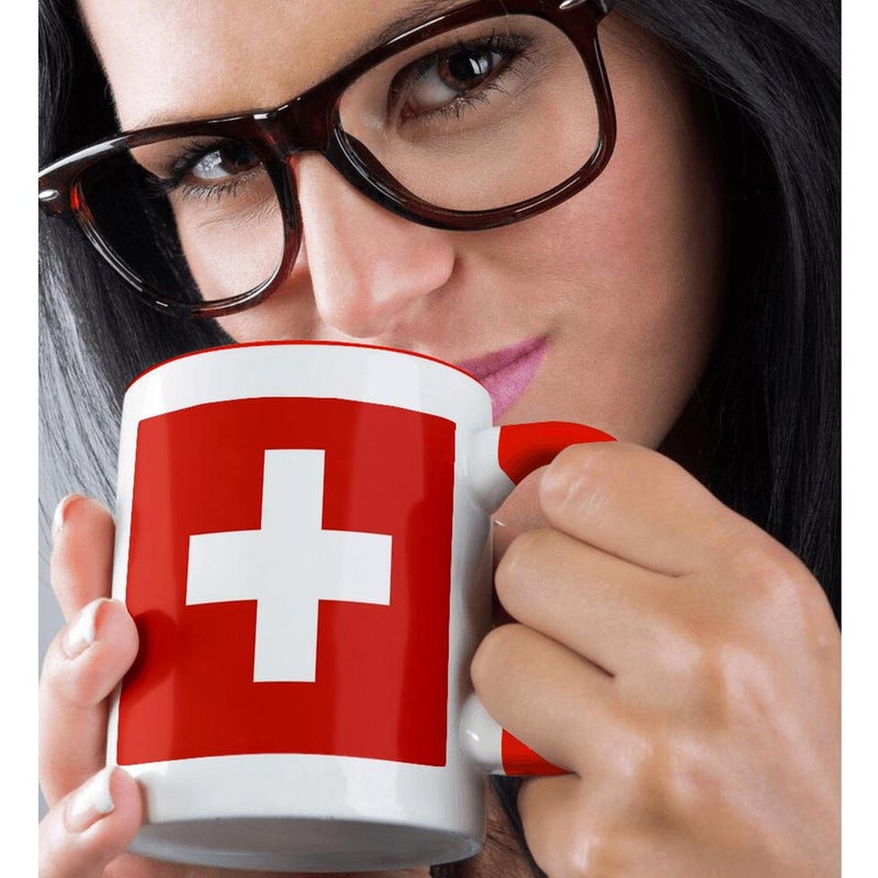 3dRose (mug_158442_5) Flag of Switzerland - Swiss red and white cross - Europe - European country - world travel souvenir - Two Tone Red Mug, 11oz - Image 2