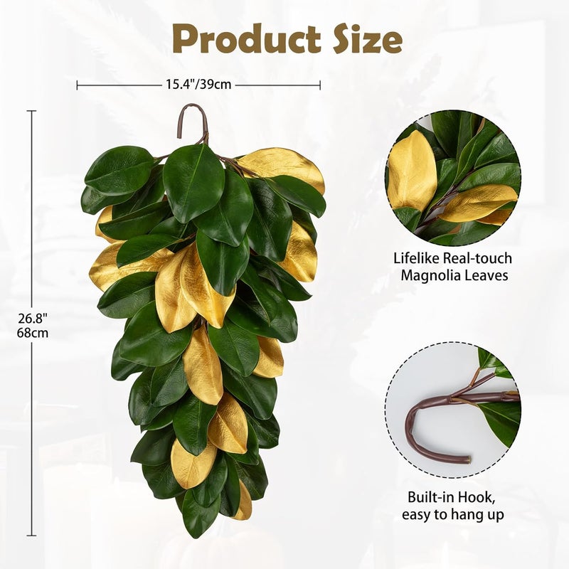 Arborus Christmas Gold Leaf Holiday Teardrop Swag – 27" Artificial Magnolia Greenery Hanging Decoration – Elegant Front Door & Fireplace Décor for Christmas Thanksgiving - Image 2