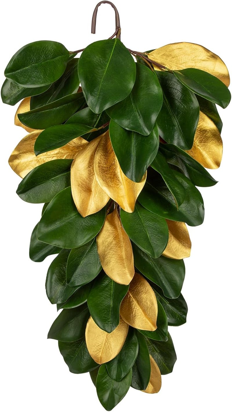 Arborus Christmas Gold Leaf Holiday Teardrop Swag – 27" Artificial Magnolia Greenery Hanging Decoration – Elegant Front Door & Fireplace Décor for Christmas Thanksgiving - Image 1