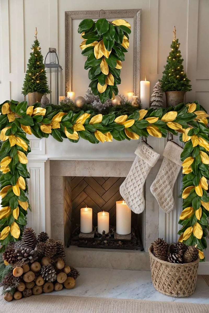 Arborus Christmas Gold Leaf Holiday Teardrop Swag – 27" Artificial Magnolia Greenery Hanging Decoration – Elegant Front Door & Fireplace Décor for Christmas Thanksgiving - Image 4