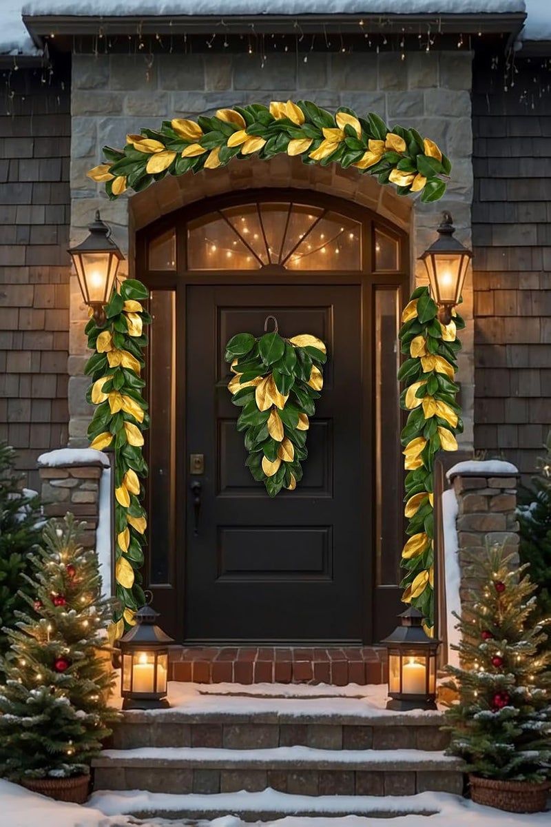 Arborus Christmas Gold Leaf Holiday Teardrop Swag – 27" Artificial Magnolia Greenery Hanging Decoration – Elegant Front Door & Fireplace Décor for Christmas Thanksgiving - Image 5