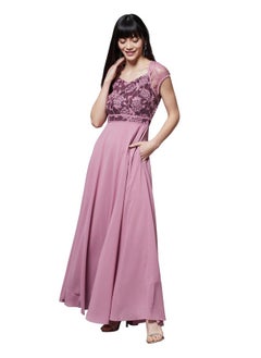 Miss Chase Miss Chase Women's Lavender & Wine V-Neck Cap Sleeves Floral Lace Fit & Flare Maxi Dress (MCSS21D06-11-249-03, Lavender & Wine, S)  - Image 1