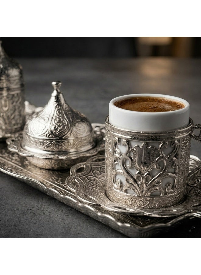 Acar Turkish, Greek, and Arabic Coffee Serving Set for Two – Includes 2 Glass Cups, Rectangular Tray, Cup Holders, Lids, Saucers, Sugar Bowl with Lid of Copper – Elegant Silver Design, Crafted in Türkiye - Image 1