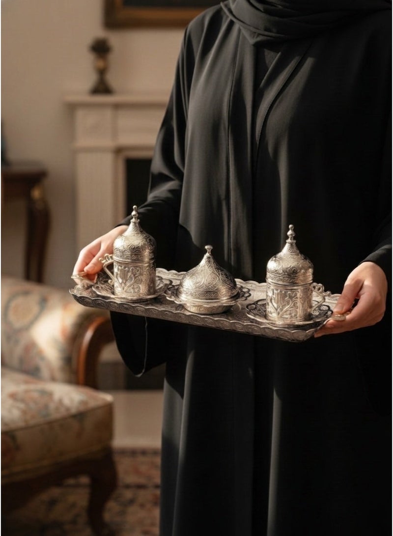 Acar Turkish, Greek, and Arabic Coffee Serving Set for Two – Includes 2 Glass Cups, Rectangular Tray, Cup Holders, Lids, Saucers, Sugar Bowl with Lid of Copper – Elegant Silver Design, Crafted in Türkiye - Image 4