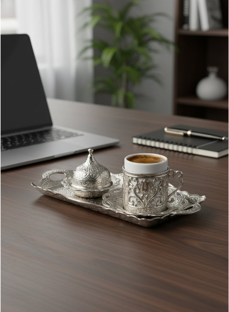 Acar Turkish, Greek, and Arabic Coffee Serving Set for Two – Includes 2 Glass Cups, Rectangular Tray, Cup Holders, Lids, Saucers, Sugar Bowl with Lid of Copper – Elegant Silver Design, Crafted in Türkiye - Image 5