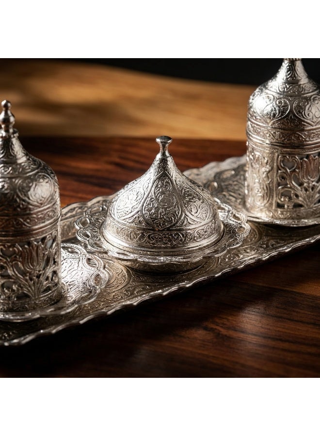 Acar Turkish, Greek, and Arabic Coffee Serving Set for Two – Includes 2 Glass Cups, Rectangular Tray, Cup Holders, Lids, Saucers, Sugar Bowl with Lid of Copper – Elegant Silver Design, Crafted in Türkiye - Image 3