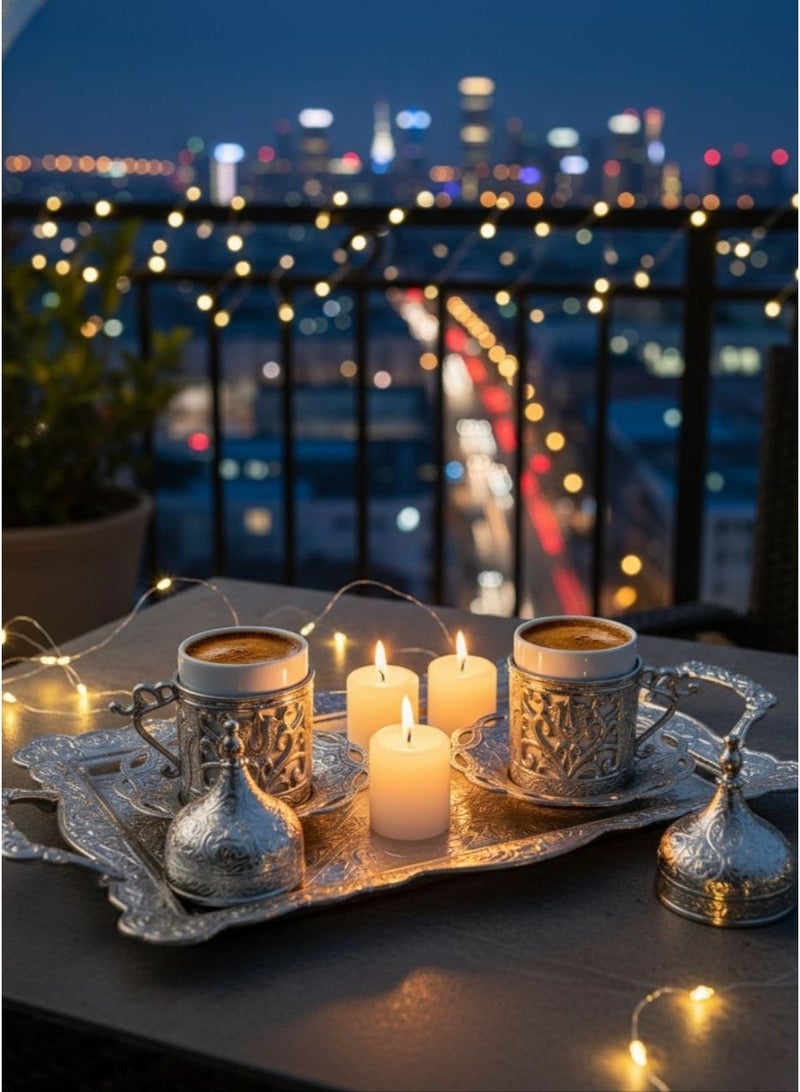 Acar Turkish, Greek, and Arabic Coffee Serving Set for Two – Includes 2 Glass Cups, Rectangular Tray, Cup Holders, Lids, Saucers, Sugar Bowl with Lid of Copper – Elegant Silver Design, Crafted in Türkiye - Image 2