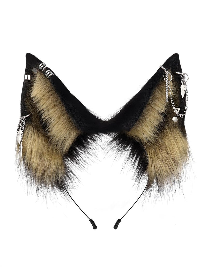 QinRuan Cat Ear HairBand Faux Fur Animal Ears Metal Chain Punk Dark Cosplay Custume Gothic Style Headwear - Image 1