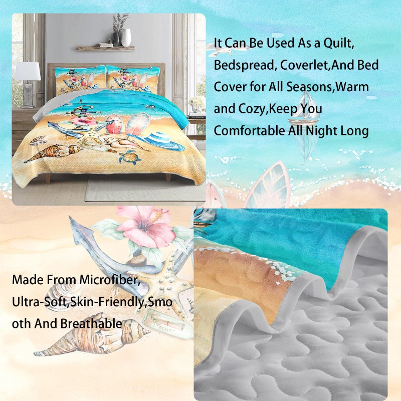AILONEN Ocean Beach Bedding Quilt Set King Size,Tropical Boat Anchor Surfboard Theme Bedspread Coverlet,Blue Soft Lightweight (Quilt,2 Pillowcases) - Image 4