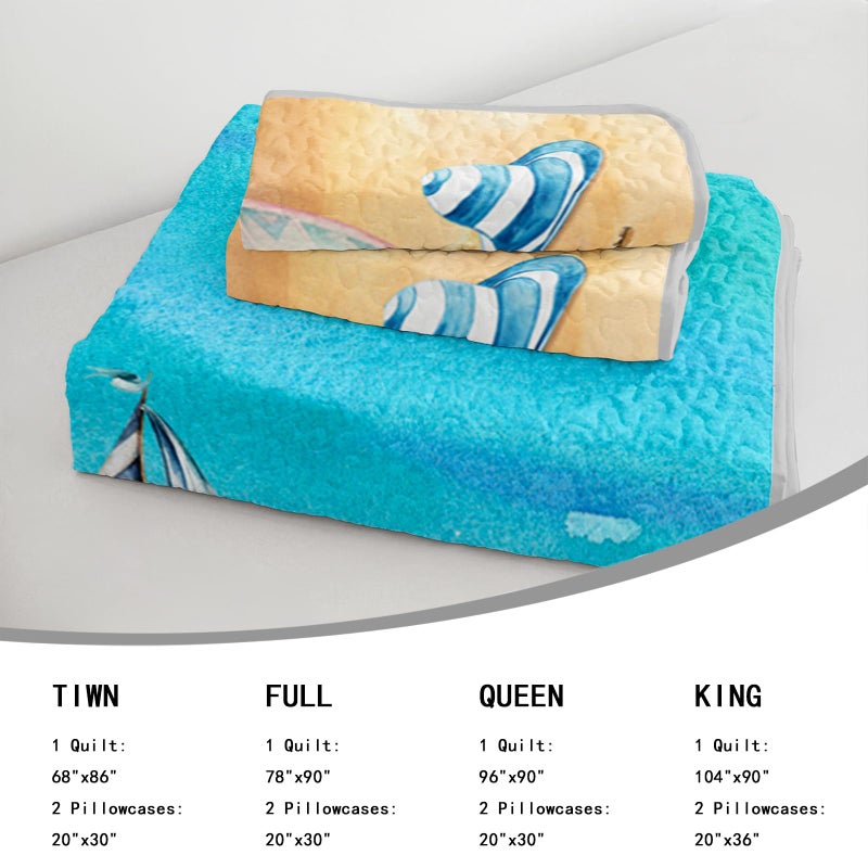 AILONEN Ocean Beach Bedding Quilt Set King Size,Tropical Boat Anchor Surfboard Theme Bedspread Coverlet,Blue Soft Lightweight (Quilt,2 Pillowcases) - Image 2