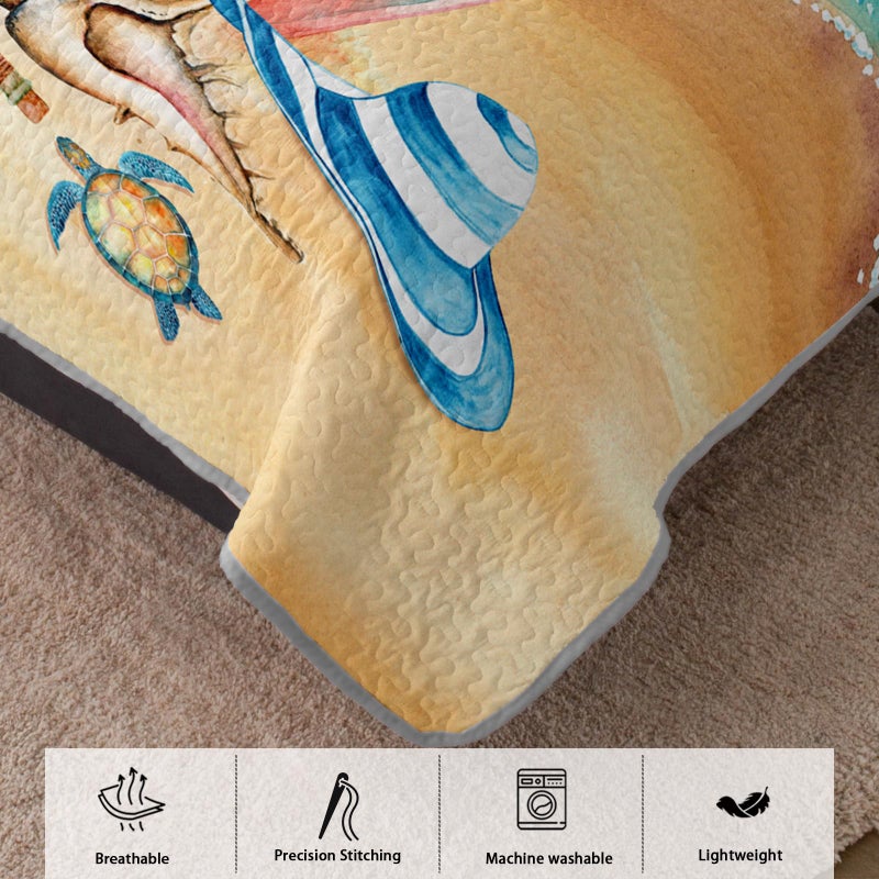 AILONEN Ocean Beach Bedding Quilt Set King Size,Tropical Boat Anchor Surfboard Theme Bedspread Coverlet,Blue Soft Lightweight (Quilt,2 Pillowcases) - Image 3