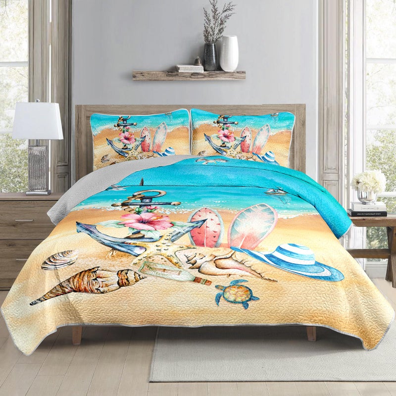 AILONEN Ocean Beach Bedding Quilt Set King Size,Tropical Boat Anchor Surfboard Theme Bedspread Coverlet,Blue Soft Lightweight (Quilt,2 Pillowcases) - Image 5