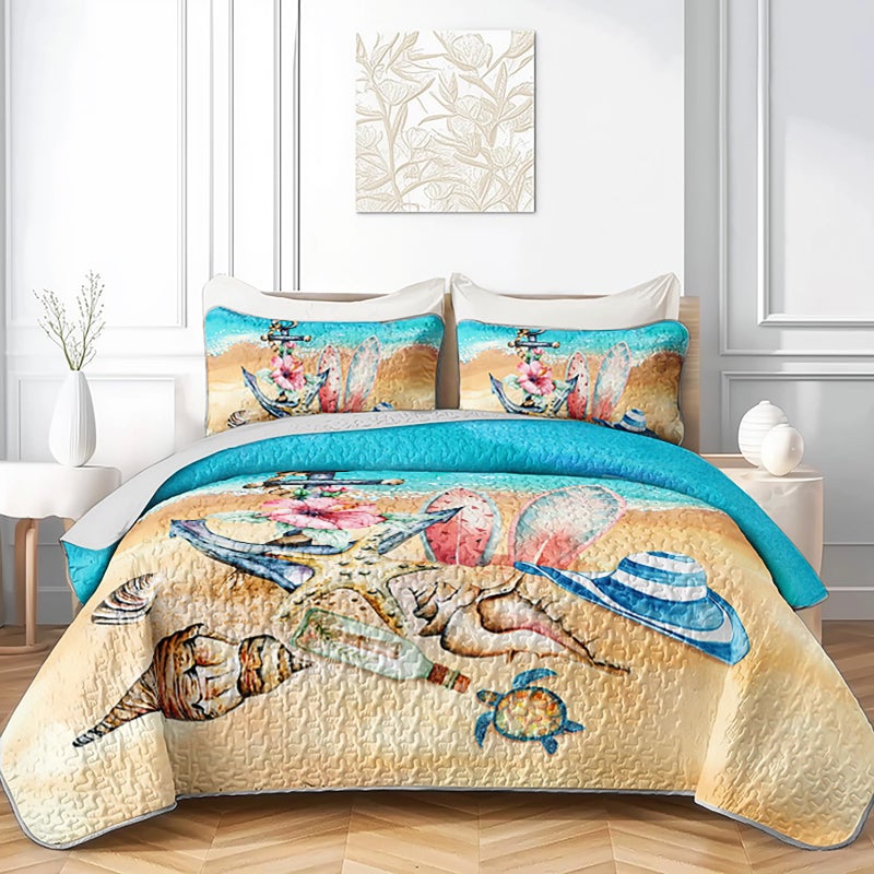 AILONEN Ocean Beach Bedding Quilt Set King Size,Tropical Boat Anchor Surfboard Theme Bedspread Coverlet,Blue Soft Lightweight (Quilt,2 Pillowcases) - Image 1