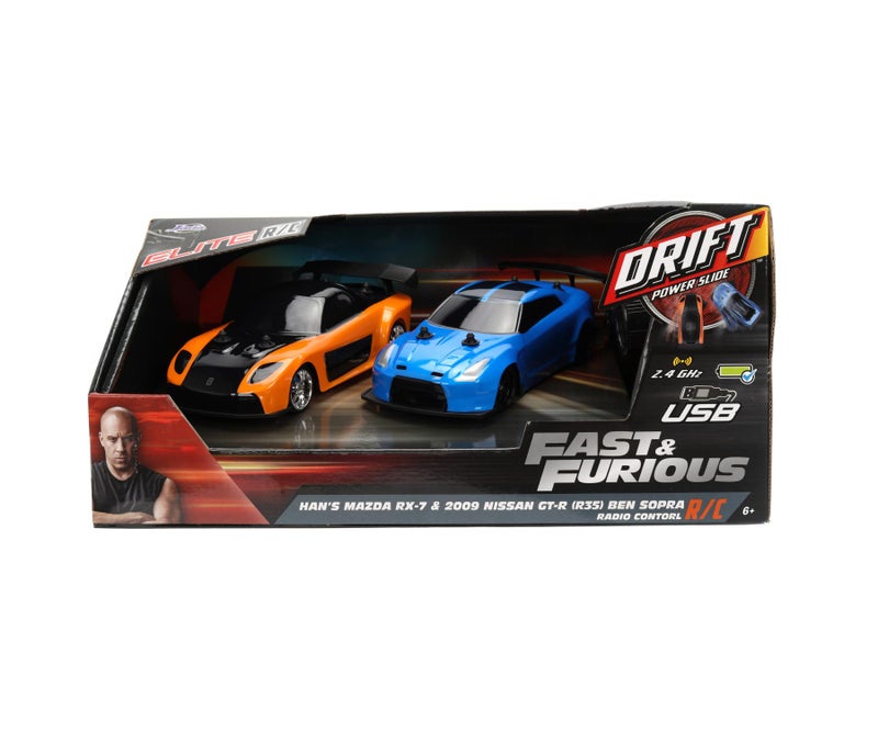 Jada Elite Fast & Furious Han’s Mazda RX-7 & 2009 Nissan GT-R (R35) Ben Sopra RC Car 2-Pack (1:24, Orange/Blue) - Image 1