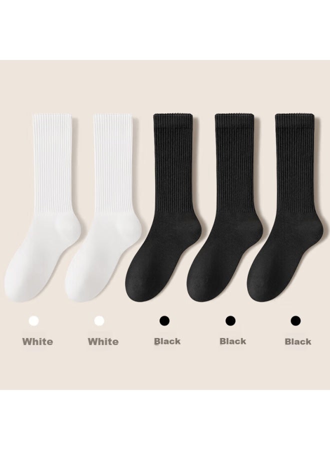 Mianzhuwu Men's Mid-calf Socks, Autumn And Winter Sweat-absorbing And Odor-resistant Thick Socks, Pure Cotton Seamless Long Socks, 3 Black 2 White
