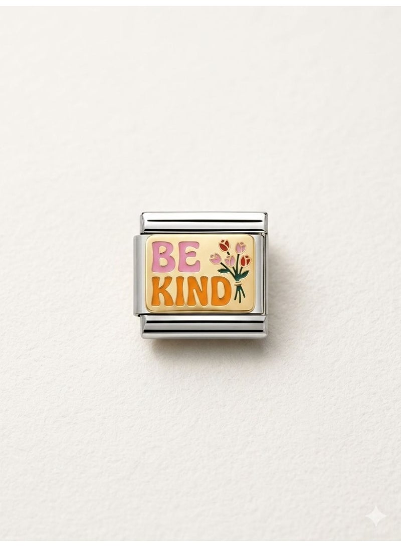 Modular Charm Link with "BE KIND" Gold-Plated Plaque and Enamel Flowers, Silver-Toned Metal