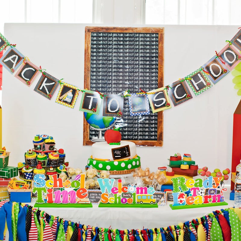 واتينك Watinc 3 قطع مرحبا بكم في العودة إلى المدرسة مجموعة تزيين الطاولة علامة خشبية مركزية قابلة للفصل لموضوع الفصل الدراسي لوازم الحفلات الملونة المزخرفة للمكتب زخرفة مركزية جاهزة للتعلم - Image 5