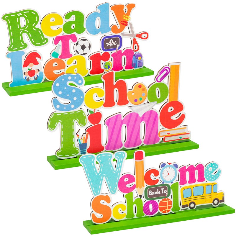 واتينك Watinc 3 قطع مرحبا بكم في العودة إلى المدرسة مجموعة تزيين الطاولة علامة خشبية مركزية قابلة للفصل لموضوع الفصل الدراسي لوازم الحفلات الملونة المزخرفة للمكتب زخرفة مركزية جاهزة للتعلم - Image 1