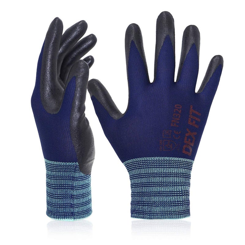 DEX FIT Premium Nylon Work Gloves FN320 Firm Nitrile Grip 3DComfort Stretchy Fit Thin Lightweight Protective Durable Breathable Machine Washable Navy 8 M 3 Pairs