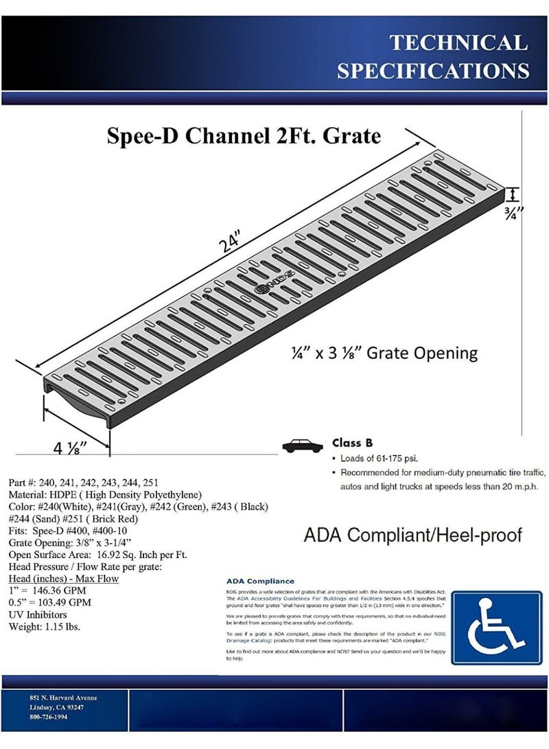 NDS شبكة تصريف القناة NDS 241-1 Spee-D®، بلاستيك، بعرض 4-1/8 بوصة وطول 2 قدم، للممرات، الفناء، مناطق حمام السباحة والمناطق التجارية، رمادي - Image 2