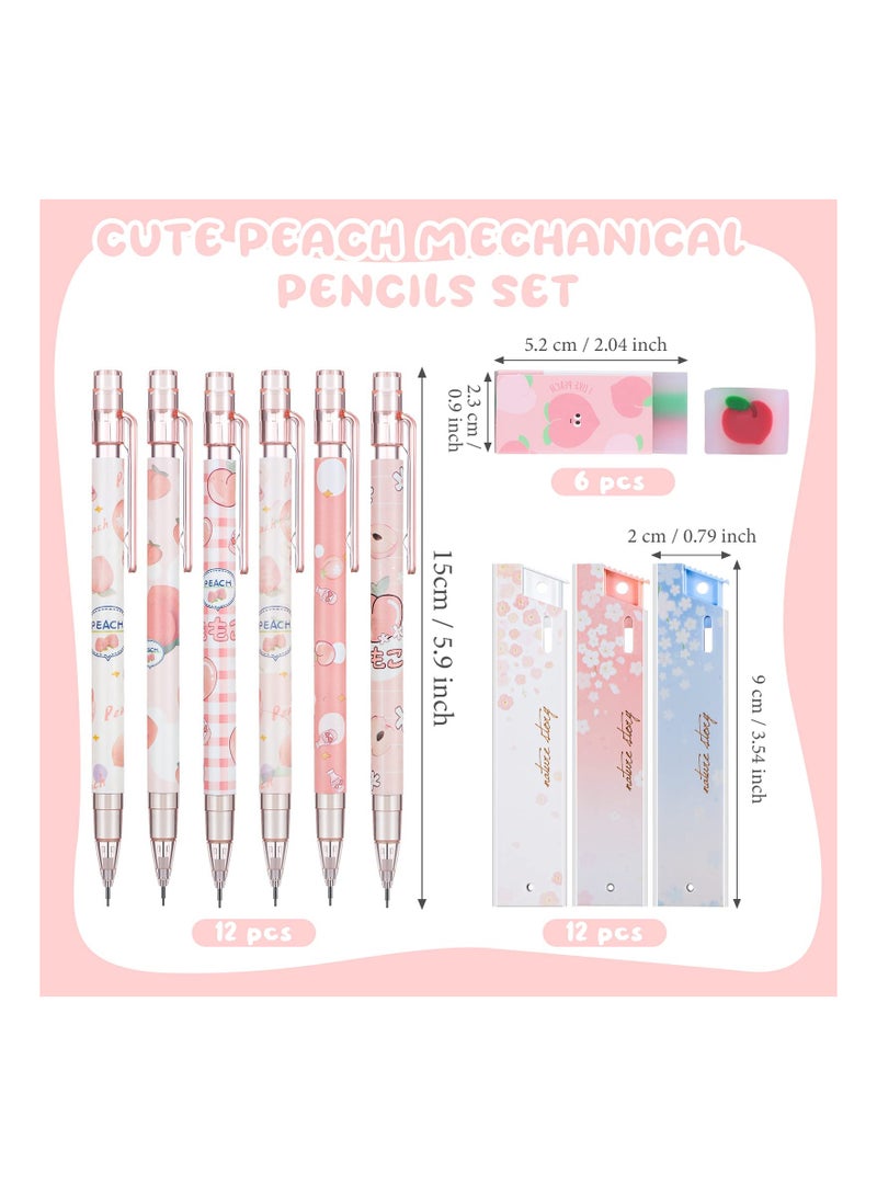 12 Kawaii Peach Mechanical Pencils Set with 6   Erasers & 12 HB Refills - Perfect for Students, Drawing, Sketching & Architecture (0.5mm) - Image 2