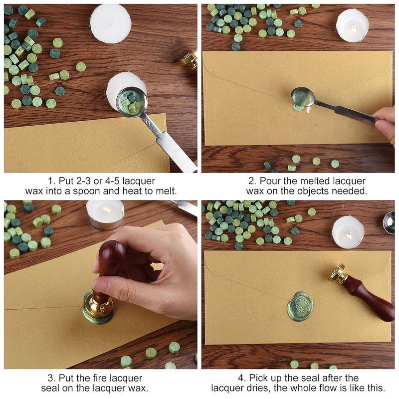 FEPITO 300 Pcs Octagon Sealing Wax Beads with 3 Pcs Tea Candles and 1 Pcs Wax Melting Spoon for Wax Stamp Sealing (Green Mix) - Image 3