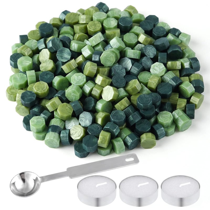 FEPITO 300 Pcs Octagon Sealing Wax Beads with 3 Pcs Tea Candles and 1 Pcs Wax Melting Spoon for Wax Stamp Sealing (Green Mix) - Image 1