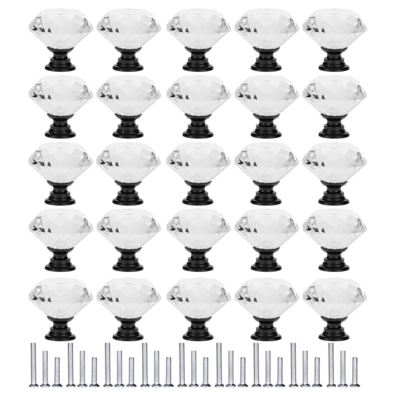 YourGift 25 Pack Drawer Knobs Diamond Shaped Crystal Glass 30mm Cabinet Knobs Pull Handles (30 mm, 25 Pack, Black)