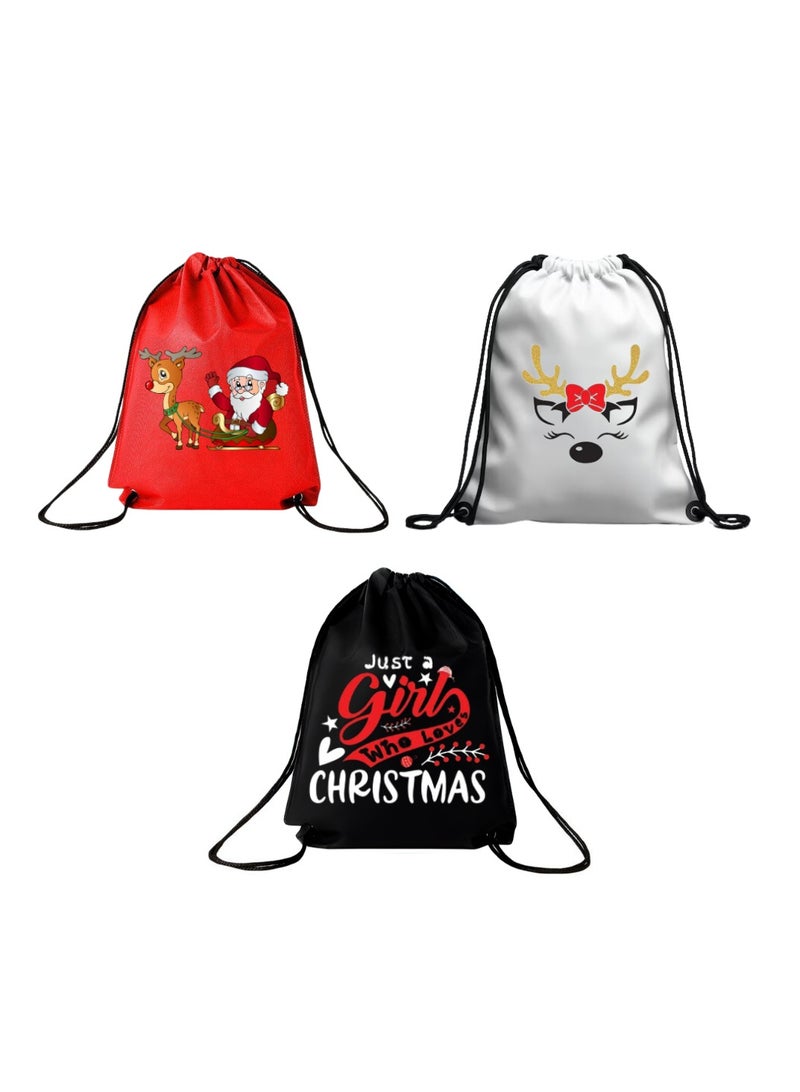 PRINTSHOP4ME Pack Of 3 Drawstring Bags With Christmas Design For Girls-Durable Sports Backpack For Kids,Great For School And Everyday Use,Lightweight With Print For Everyday Use - Image 1