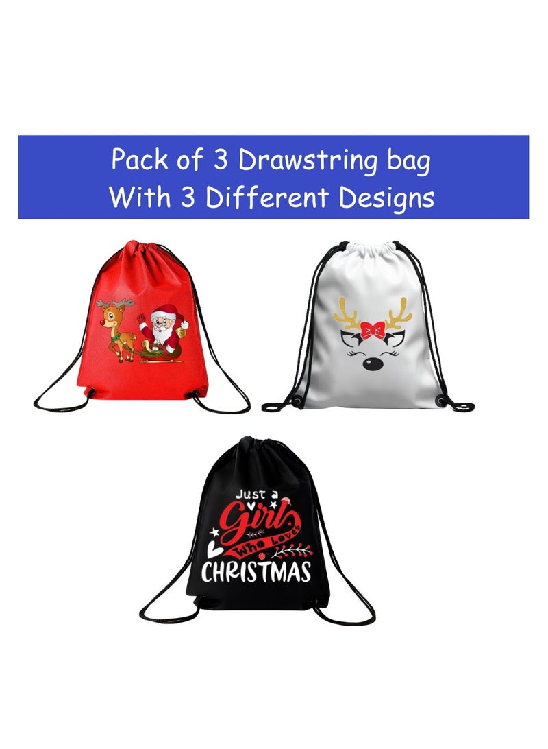 PRINTSHOP4ME Pack Of 3 Drawstring Bags With Christmas Design For Girls-Durable Sports Backpack For Kids,Great For School And Everyday Use,Lightweight With Print For Everyday Use - Image 2