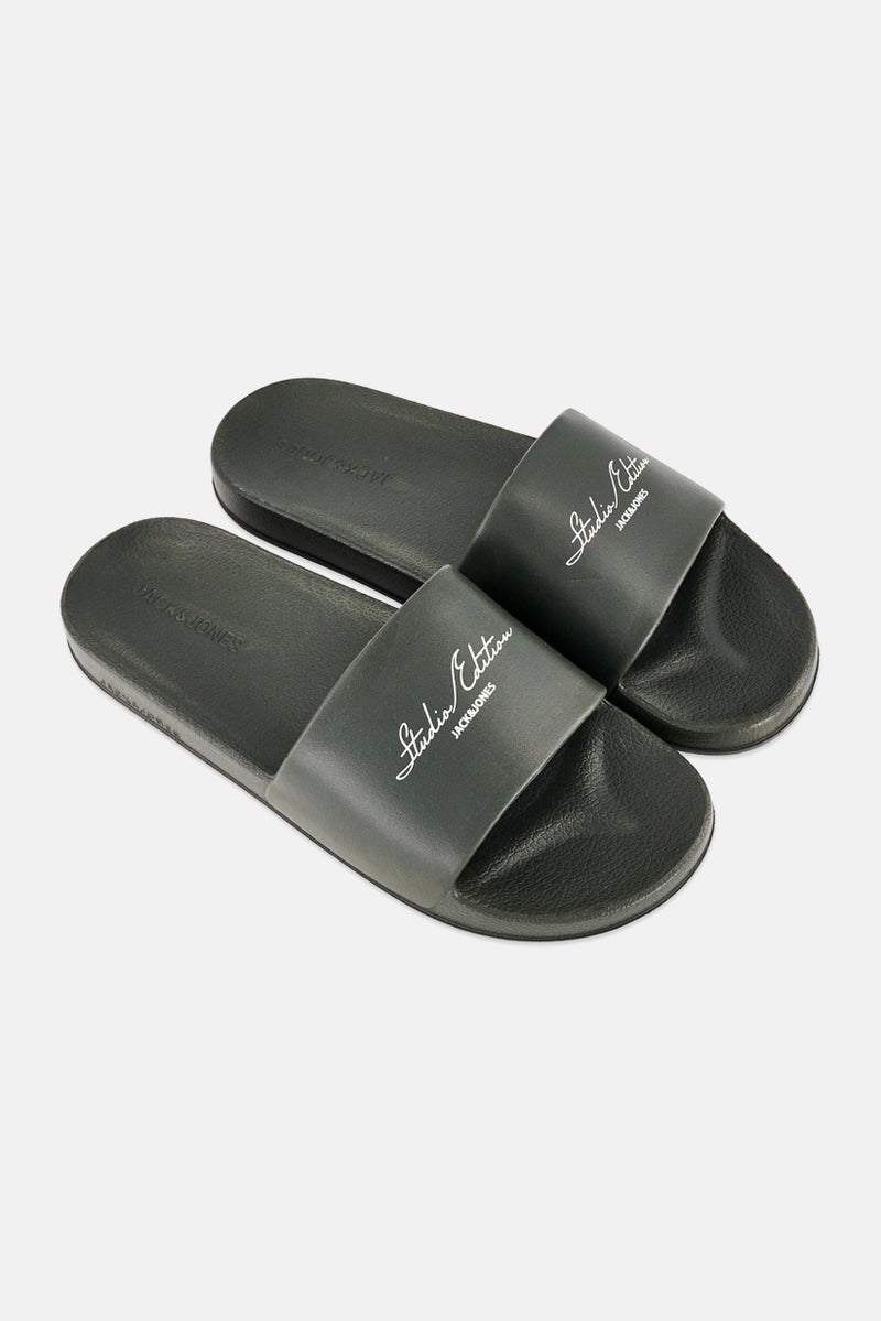 JACK & JONES Men Brand Logo Slip On Slides, Olive - Image 3