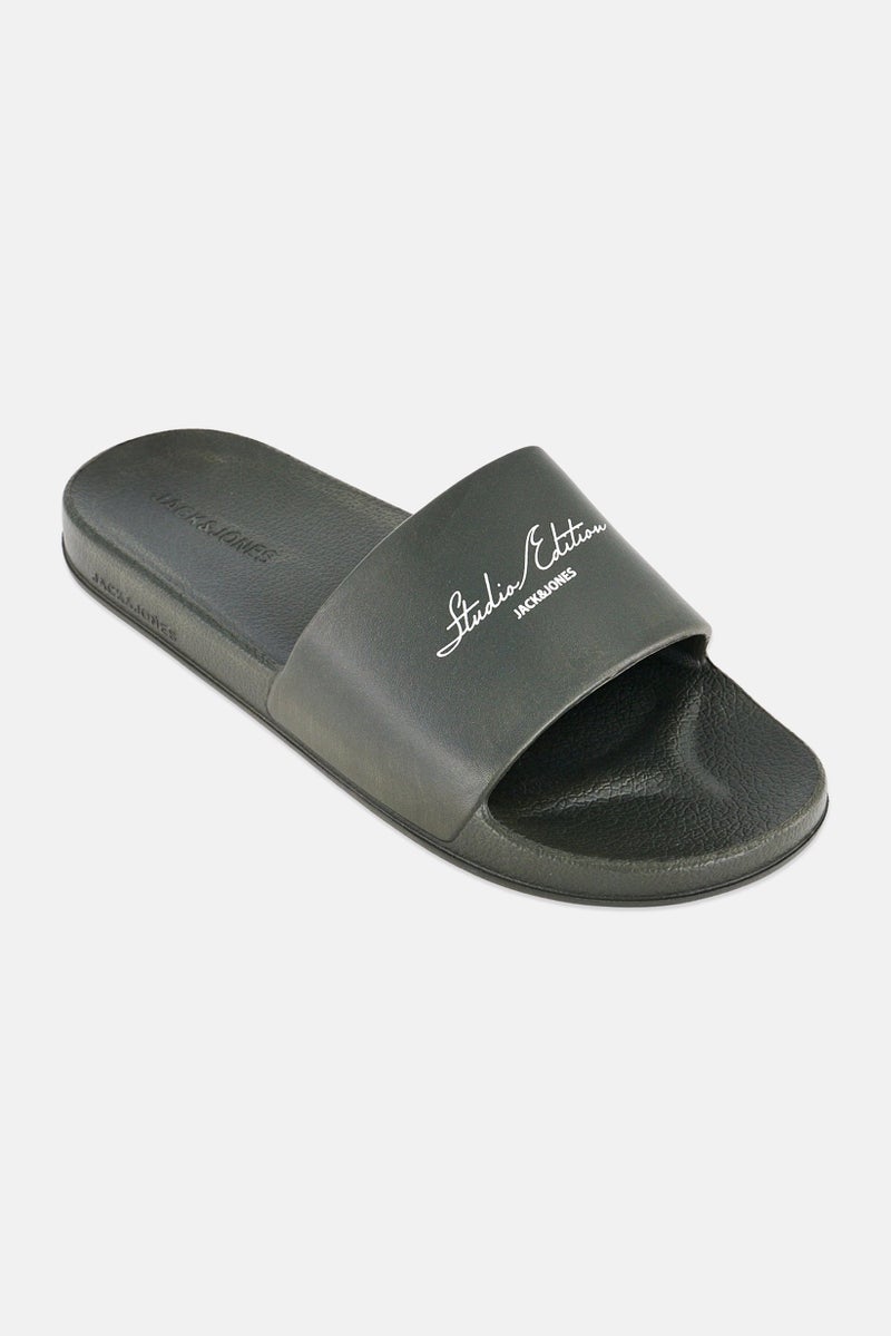 JACK & JONES Men Brand Logo Slip On Slides, Olive - Image 1