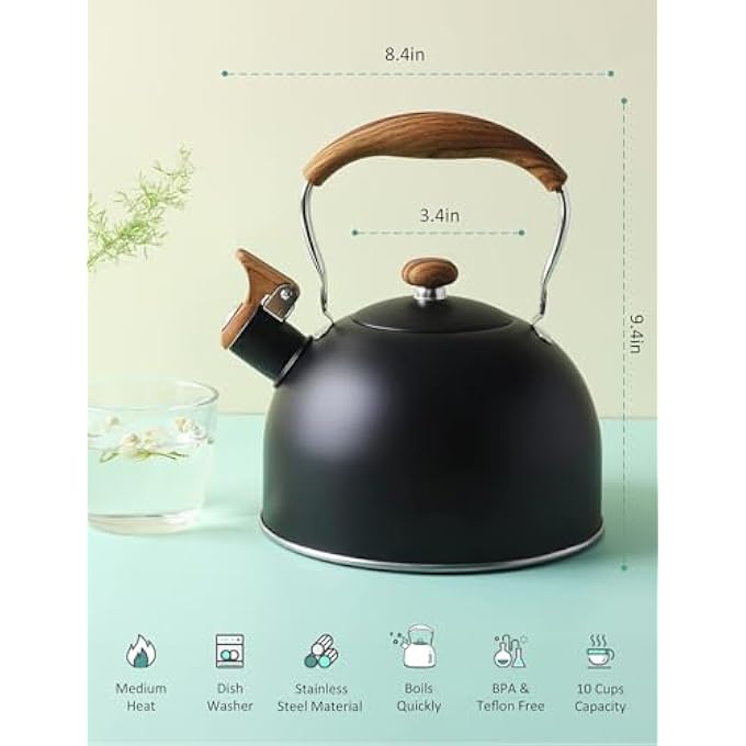 jaffiust Teakettle82 Oz 25 L Whistle Teakettle Stove Teakettle Food Grade Stainless Steel Wood Grain Folding Handle Teakettle Coffee MilkBlack - Image 3