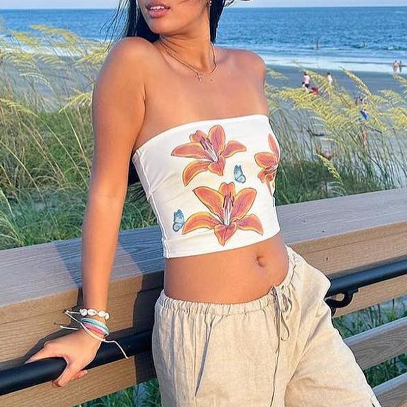 Summer Fashion Cool Strapless Strapless Flower Wrap Strapless Strapless Navel Printed Sleeveless Top - Image 4