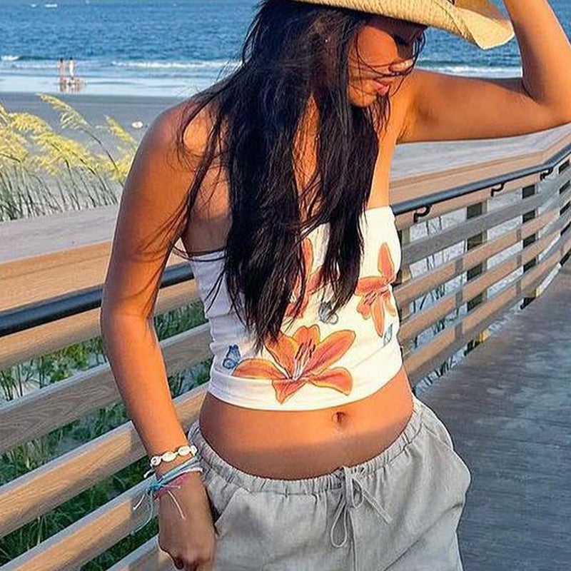 Summer Fashion Cool Strapless Strapless Flower Wrap Strapless Strapless Navel Printed Sleeveless Top - Image 5