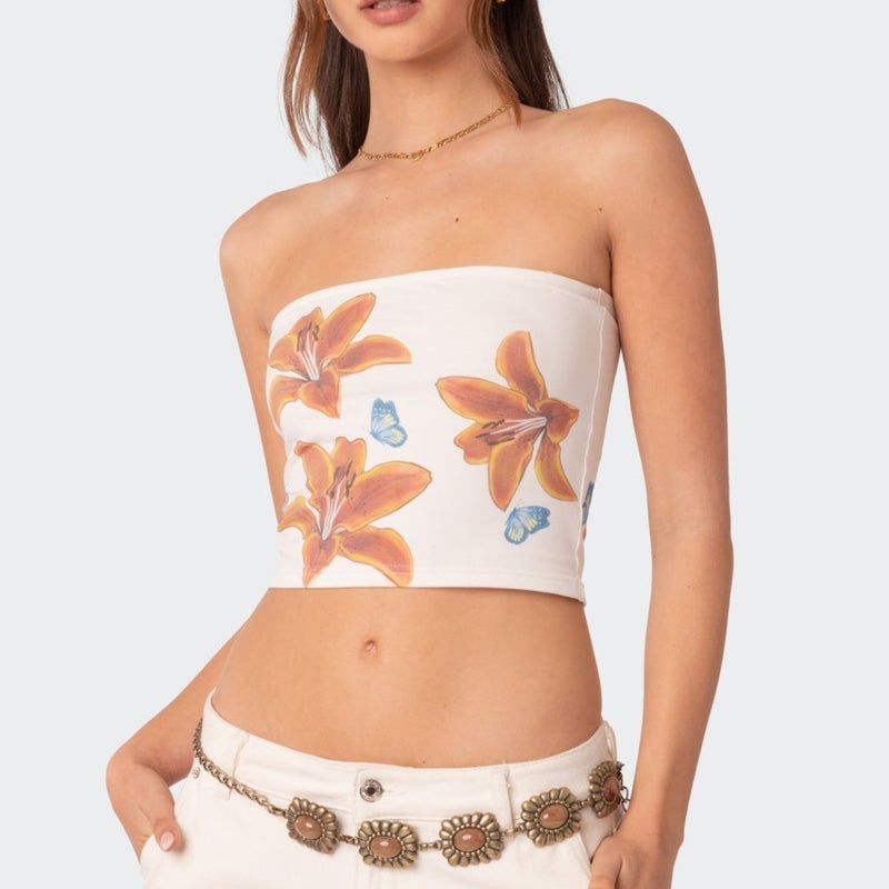 Summer Fashion Cool Strapless Strapless Flower Wrap Strapless Strapless Navel Printed Sleeveless Top - Image 2