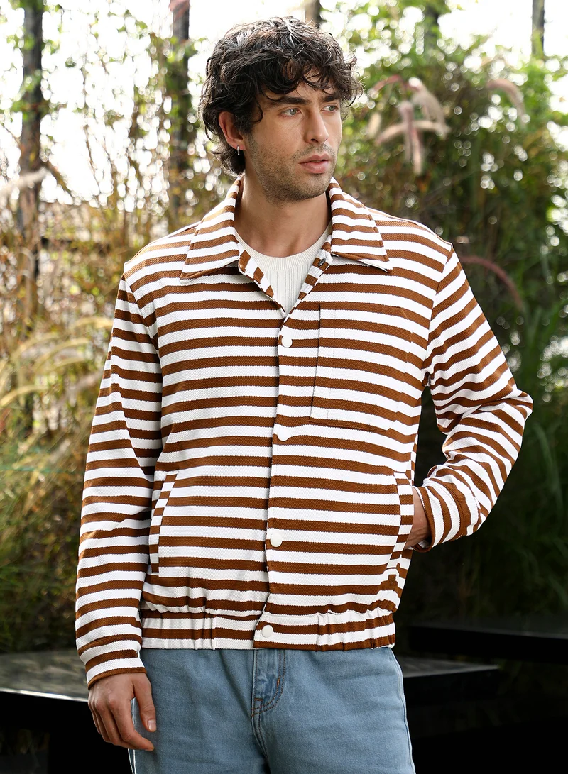 كامبوس سوترا Men Candy-Striped Utility Bomber Jacket | Point Collar, Long Button-Cuff Sleeves | Snap Button , Stretch-Straight Hem | Stripes Textured Woven Fabric For Casual & Daily Wear | Brown