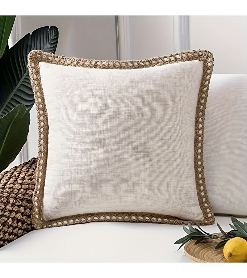 2 Pcs Beige Bohemian Flax Trim Throw Pillowcase 18x18 Inch Home Decor - Image 4