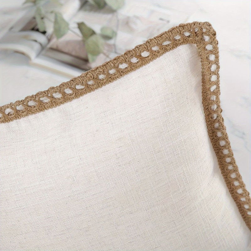 2 Pcs Beige Bohemian Flax Trim Throw Pillowcase 18x18 Inch Home Decor - Image 5