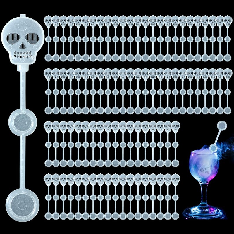 Potchen 100 Pcs Halloween Dry Ice Swizzle Sticks, Skull Shape Plastic Stir Sticks Glow in the Dark Cocktail Beverage Drink Stirrers for Smokey Drinks Coffee Mix Home Bar Party Decoration - Image 1