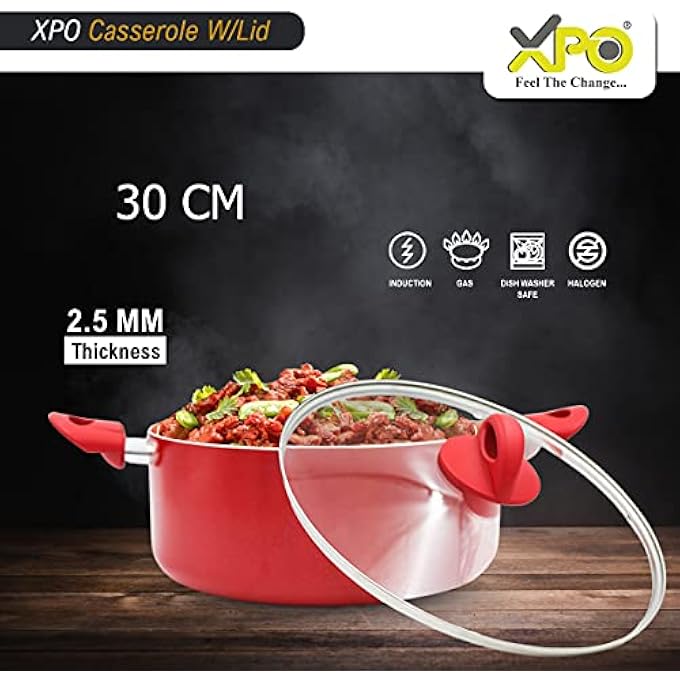 XPO NonStick Caserole With Glass Lid NonToxic Zero Ptfe Nickel Free Coating  Heat Resistant Rubber HandleLight Weight 28Cm - Image 4