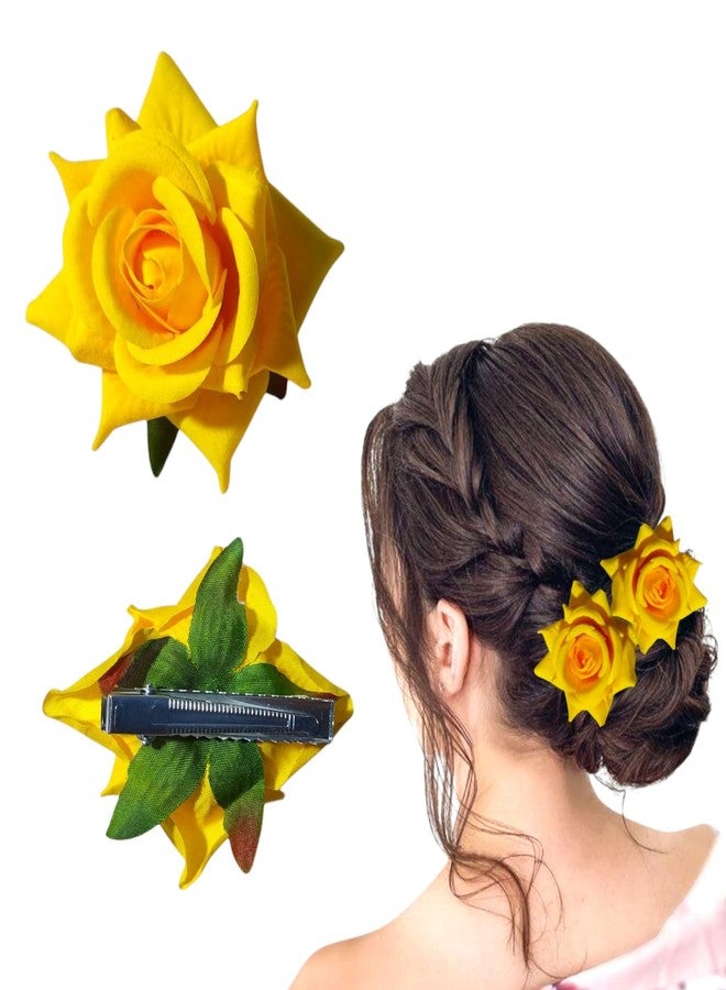 Artificial Rose Flower Hair Clip for Women, Bun and Hairstyle Accessory with Alligator Clip (Pack of 2 Yellow) - Image 1
