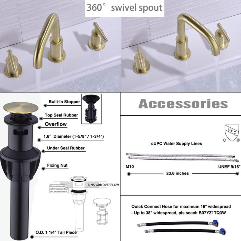 TRUSTMI Bathroom Faucet 2 Handle 8 Inch Brass Bathroom Sink Faucet 3 Hole Widespread with 360 Degree Swivel Spout, cUPC Water Supply Lines and Overflow Pop Up Drain Included, Brushed Gold - Image 5