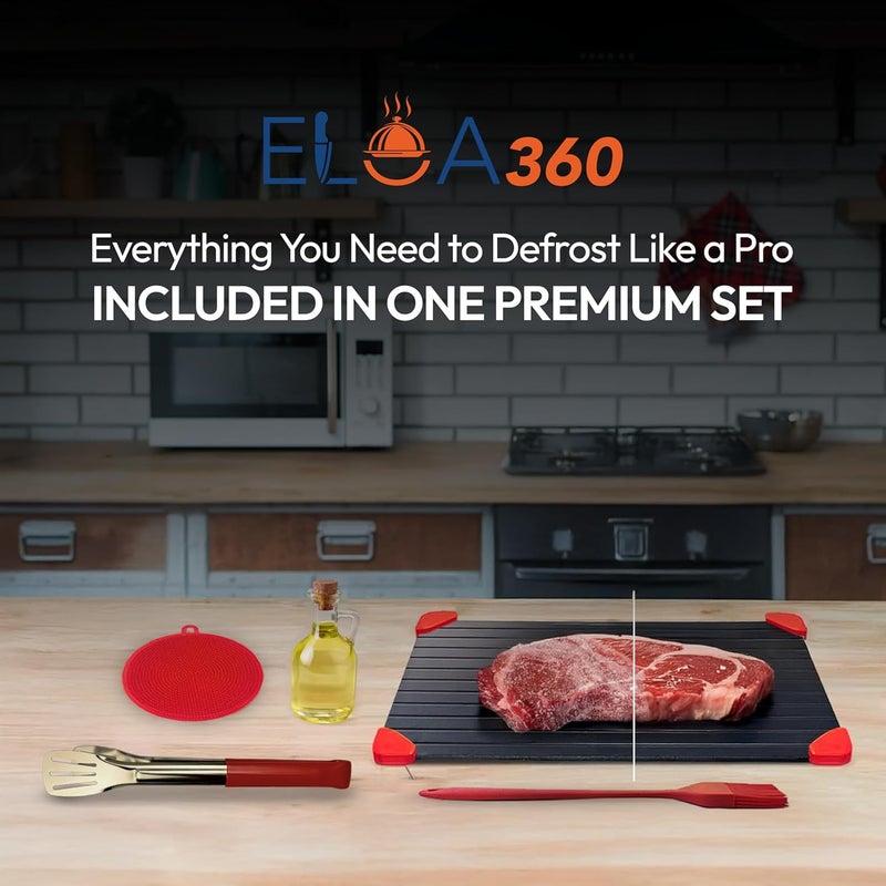 ELOA360 Defrosting Tray, Rapid Thawing Tray for Frozen Meat, thaw Plate, Defroster Board Aluminium Plate with Silicone Cleaner, Hanging Tie, Stainless Steel, Tongs and Oil Brush 33.5x22.5 - Image 4