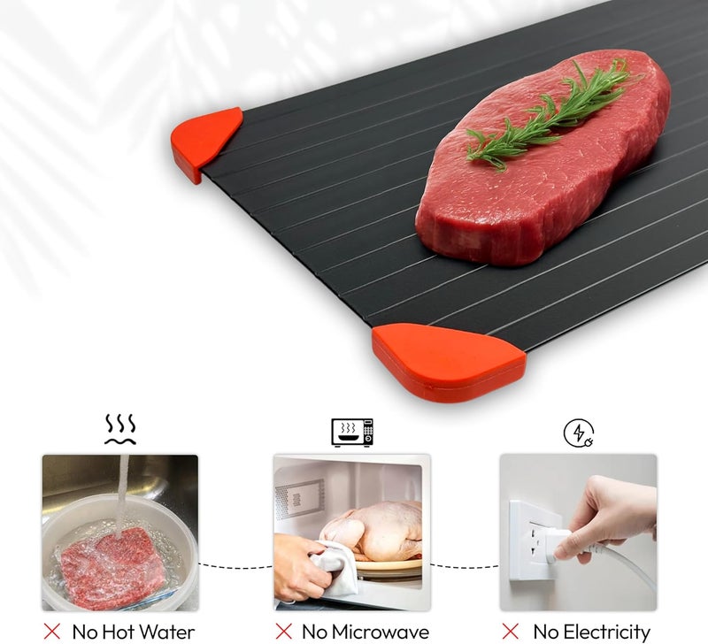 ELOA360 Defrosting Tray, Rapid Thawing Tray for Frozen Meat, thaw Plate, Defroster Board Aluminium Plate with Silicone Cleaner, Hanging Tie, Stainless Steel, Tongs and Oil Brush 33.5x22.5 - Image 5