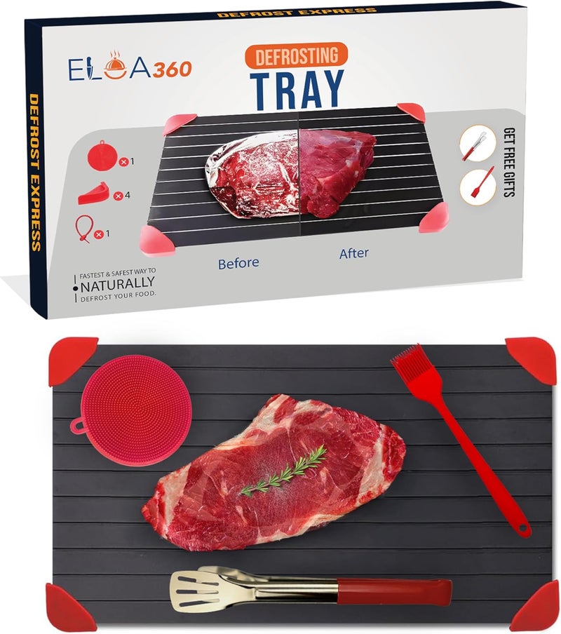 ELOA360 Defrosting Tray, Rapid Thawing Tray for Frozen Meat, thaw Plate, Defroster Board Aluminium Plate with Silicone Cleaner, Hanging Tie, Stainless Steel, Tongs and Oil Brush 33.5x22.5 - Image 1